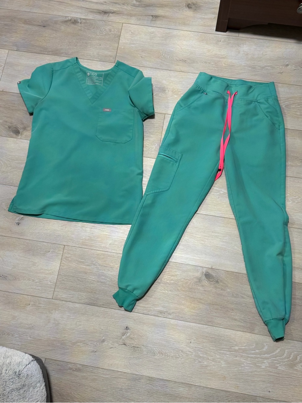 Figs Teal Jogger Pants with Pink Drawstring